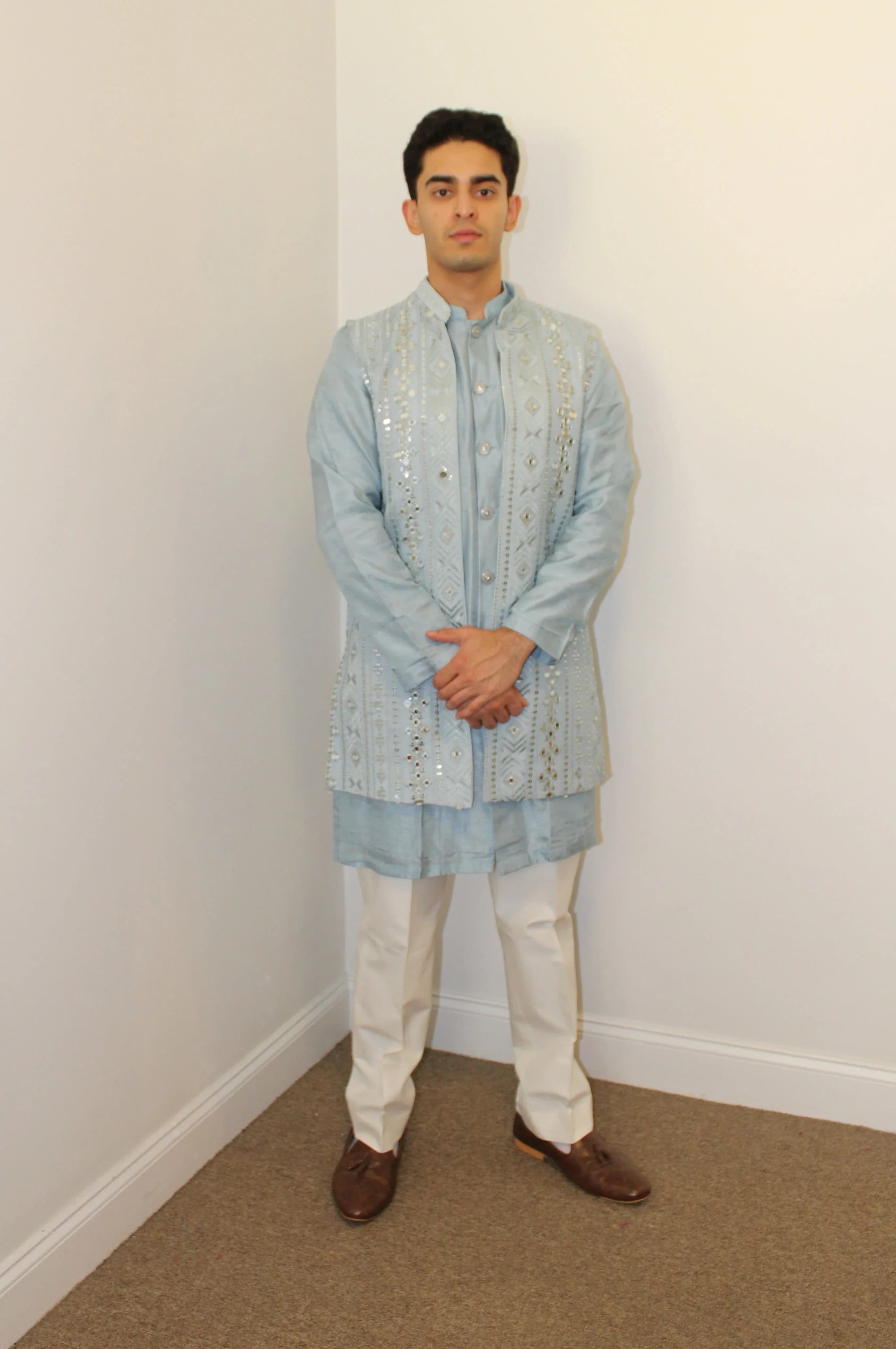Image 1 of Amir Light Blue Kurta with vest - Rental
