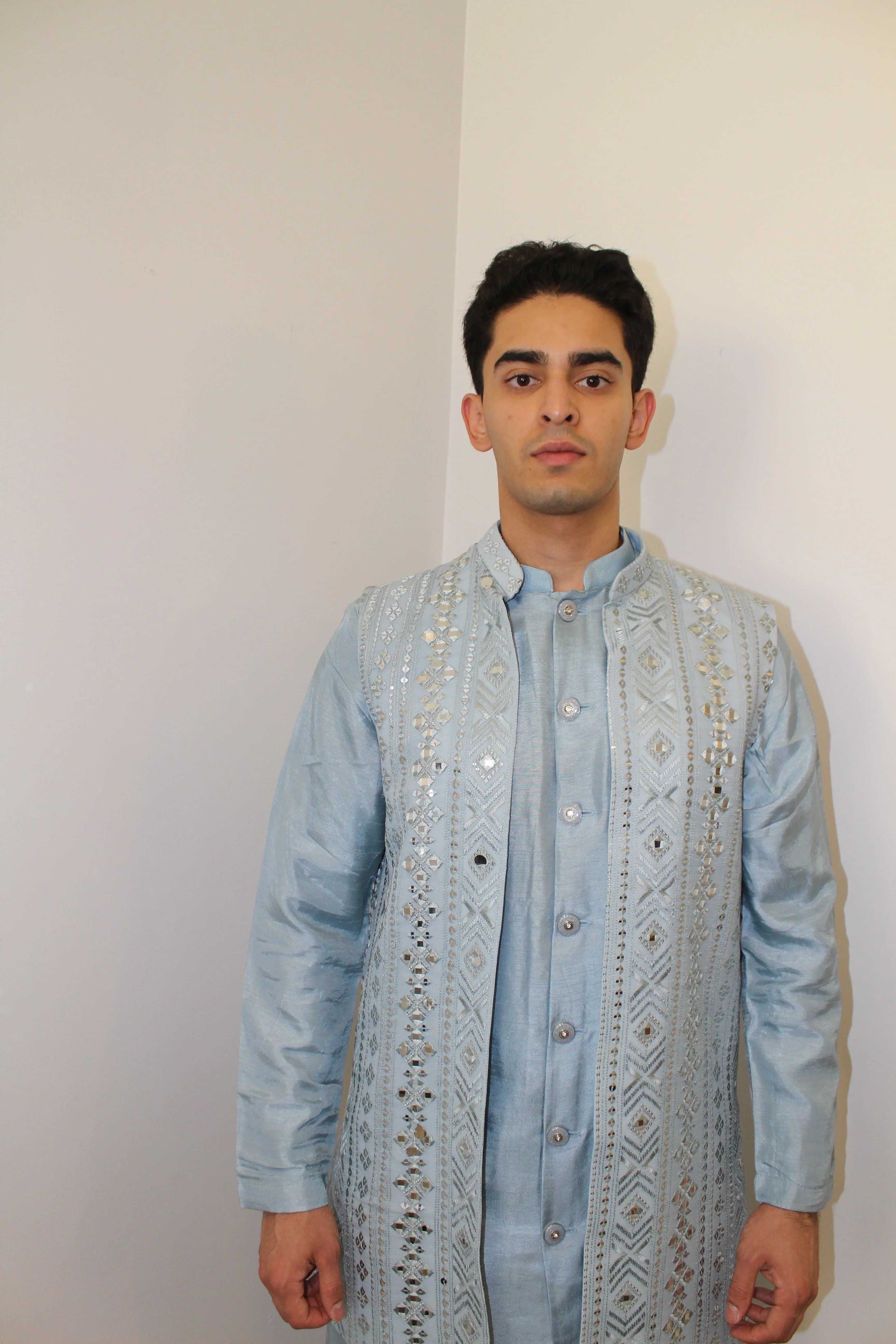 Image 2 of Amir Light Blue Kurta with vest - Rental
