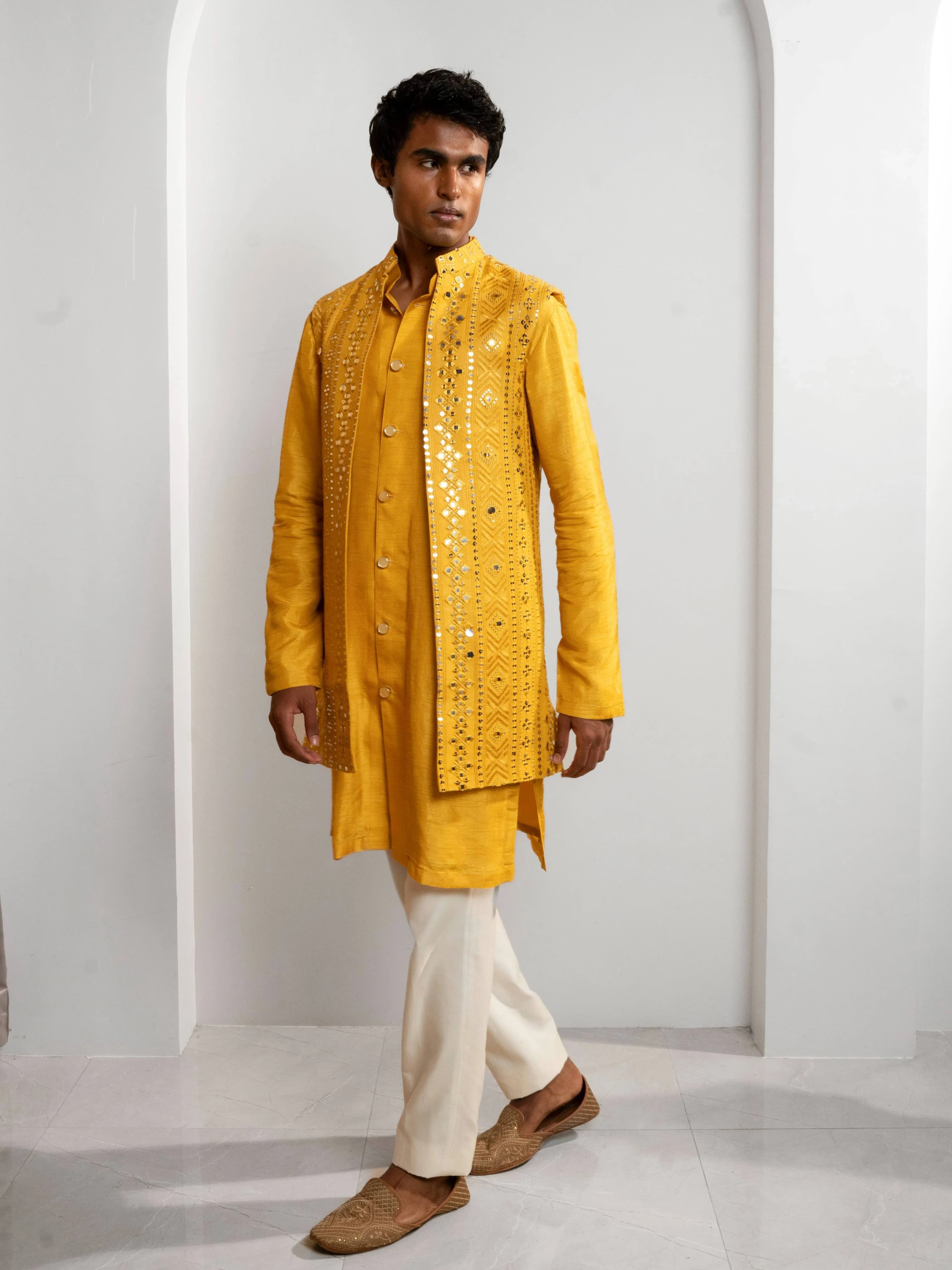 Image 1 of Amir Yellow Kurta with vest - Rental
